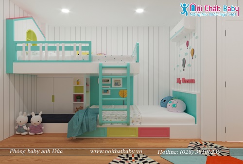 Giường tầng trẻ em màu xanh độc đáo